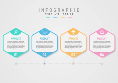 Infographic şablonu basit dört seçenek altıgenler çok renkli çizgiler ve beyaz simgeler üzerinde daireler beyaz arkaplan gri gradyan arkaplan üzerinde orta harflerin altında numaralar