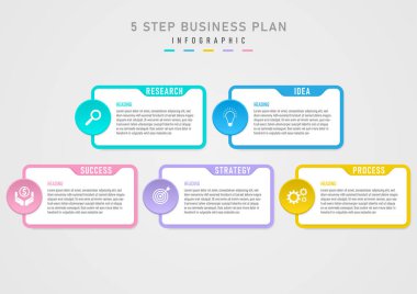 Infographic şablon Başarılı İş Planlama Pastel Kareleri için 5 Basamak Soldaki çemberin beyaz arkaplanda beyaz bir simgesi var.