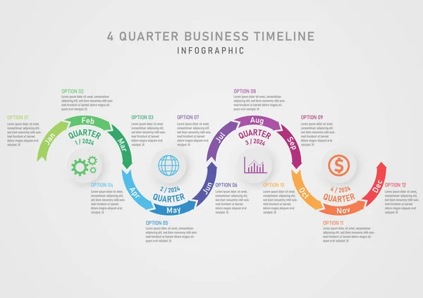 Quartal Infografik Geschäftsplanung Für Wachstum Gekrümmten Bunten Pfeil Timeline Bewegen — Stockvektor