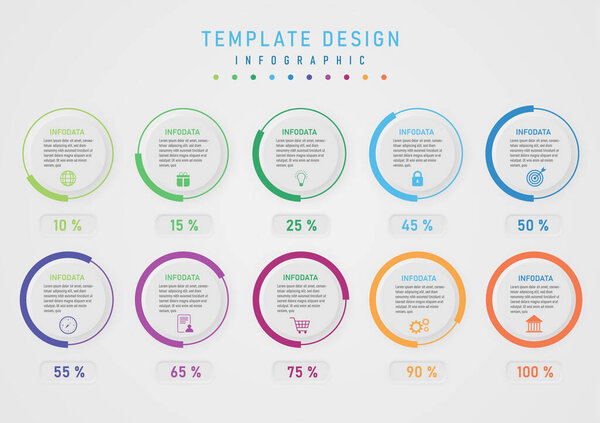 Infographic Template Percent Circles Divided In Multi Colored Sections According to the numbers below the middle button, there are letters and icons with a gray gradient background.