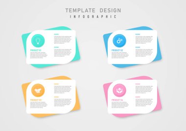 Infographic şablon iş basit pastel çok renkli kareler merkez simge ile sol düğme ürün, proje, pazarlama, finans, yatırım için beyaz arkaplan tasarımı harfleri.