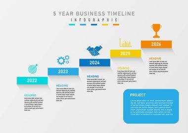 İş bilgi şablonu zaman çizelgesi 5 yıl kare çok renkli sayılar merkezde, üst renk simgeleri, kare kare kare ve sağ alt köşe harfleri altında harfler, gri gradyan arkaplan.