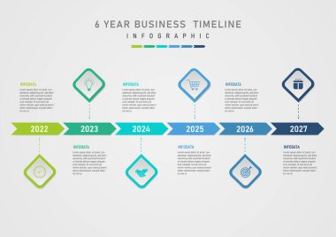 Basit bilgi şablonu iş zaman çizelgesi 6 yıl çok renkli oklar, merkezde keskin açılı kareler ve kenarlarda harfler gri eğimli arkaplan