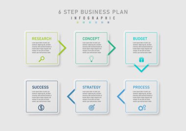6 adım iş planlama bilgisi. Renkli çizgili gri bir kare ve navigasyon oku. Merkezde harfler ve simgeler var. ürün ve pazarlama için gri gradyan arkaplan tasarımı
