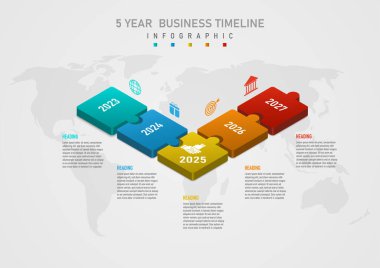 3 boyutlu bilgi işi şablonu 5 yıllık çok renkli perspektif kareleri merkez üstteki simgelerde sıralanmış numaralar. Aşağıdaki harf haritası gri gradyan arkaplan altında