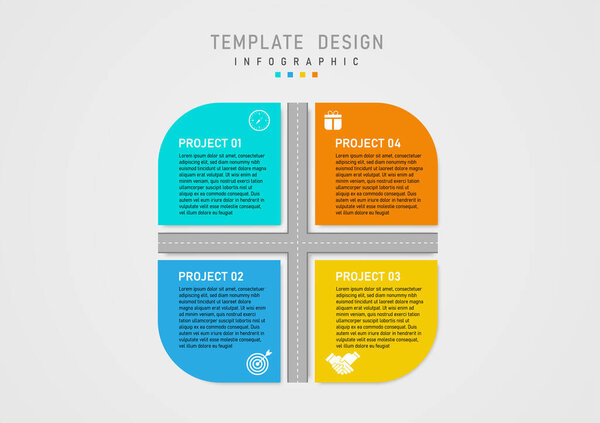 infographic template simple multi colored squares with letters and icons on top, road in center, gray gradient background. Design for business, marketing, project, planning, product investment.