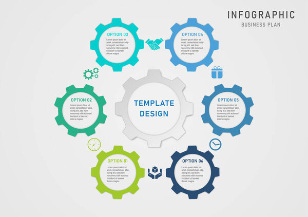 infographic template 6 business options multicolored gears arranged in a circle empty space in the middle with letters in between with icons gray gradient background design for planning, product