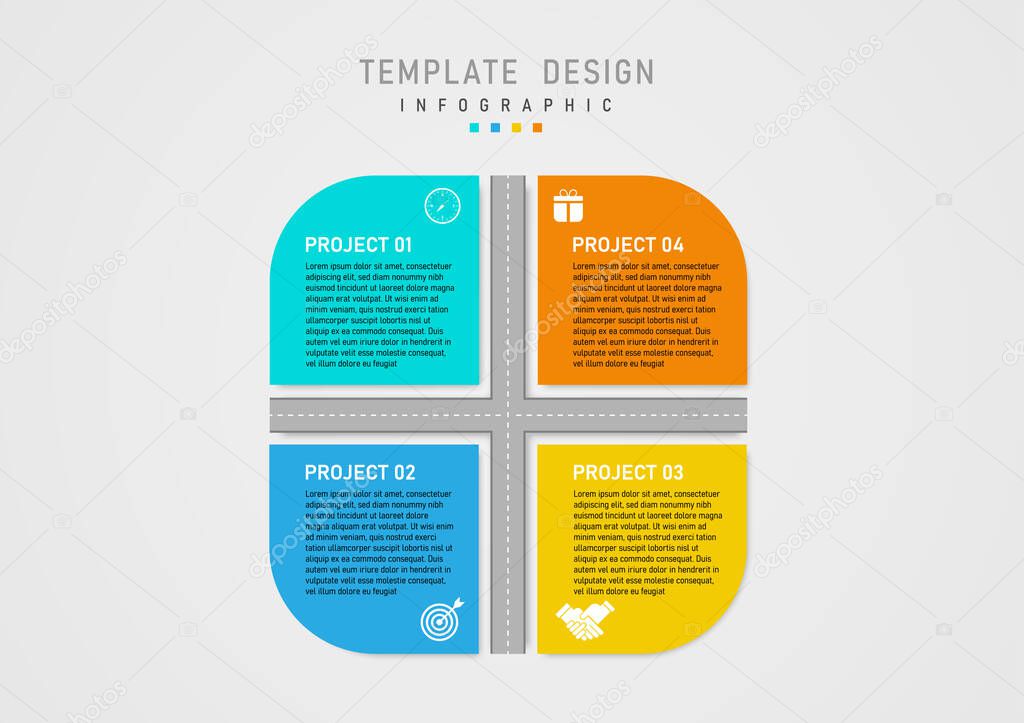 Infographic template simple multi colored squares with letters and icons on top, road in center, gray gradient background. Design for business, marketing, project, planning, product investment.
