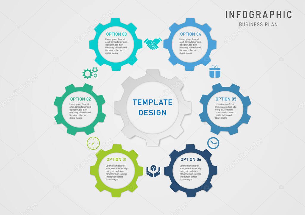 Инфографический шаблон 6 бизнес-вариантов разноцветные шестерни расположены в круге пустое пространство в середине с буквами между ними с иконками серый градиентный дизайн фона для планирования, продукт