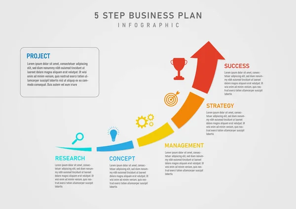 Infografik Schritte Businessplan Für Erfolgspfeile Unterteilt Bunte Abschnitte Rechts Mit — Stockvektor