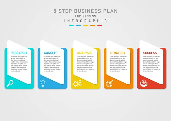 Infografik Schritt Business Plan Success Mehrfarbige Quadrate Weißes Symbol Untere — Stockvektor
