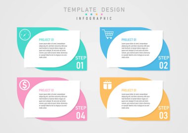 Infografik tasarım şablonu 4 adım iş projesi çok renkli pastel renkler kare simgesi köşedeki harflerle orta gri gradyan arkaplanda beyaz harflerle gösterilir