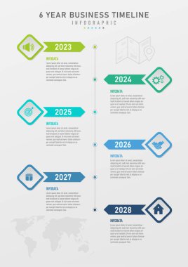 Infographic dikey zaman çizgisi 6 yıl ok ile çok renkli kare üzerinde beyaz sayı merkez sol ve sağ ortasında çizgiler ve daireler gri bir arkaplan üzerinde.