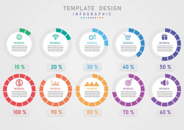 Infographic şablon çemberi çok renkli bölümlere bölünmüştür. Aşağıdaki düğme yüzde numarasına sahiptir. Beyaz çemberin ortasında gri eğimli harfler ve simgeler var..