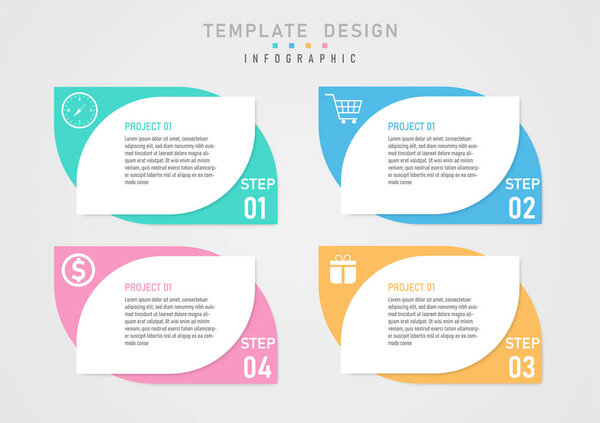 infographic design template 4 steps business project Multi-colored pastel pointed squares icon with numbers in the corner letters on a white background in the middle gray gradient background