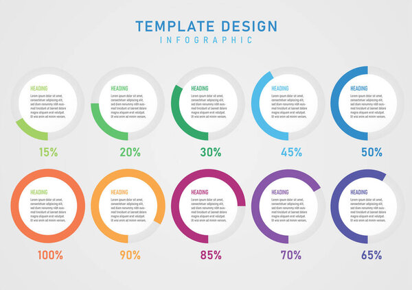 Infographic Template White Circles Center Letters Outer Circles divided into multi-colored sections on a gray background Multi colored percentage numbers below. gray gradient background