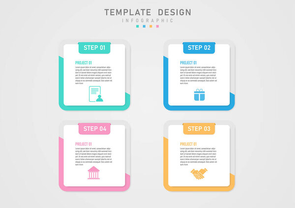 infographic template 4 steps square business project Multi-colored and white square letters in the center of the colored icons below. The frame and letters above the gray gradient background.