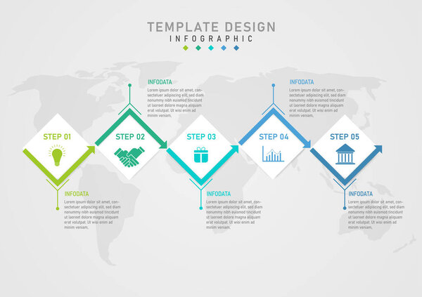 infographic template simple 5 steps business process White square with multicolored icons and arrows The upper and lower threads have letters. Underneath there is a map. gray gradient background