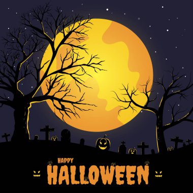 Cadılar Bayramı festivali gökyüzündeki yıldızların ortasındaki ay mezarın solundaki ağaç ve altında turuncu harfler olan balkabakları.