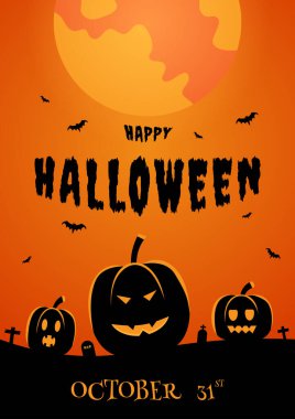 Cadılar bayramı festivali gece vakti yarasalarla gökyüzünde. Yerde bir balkabağı ve ortasında siyah harfler olan bir mezarlık vardı. posterler, kartlar, dekorasyonlar, davetiyeler için turuncu gradyan arkaplan