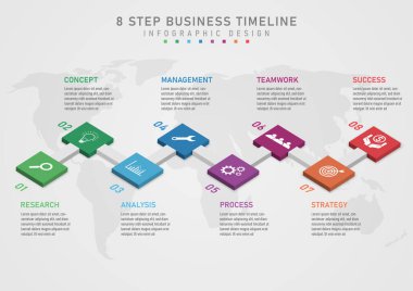 Başarı için İş Planlama 3 boyutlu Infographic 8 Adımları Çok renkli izometrik kareler, üst beyaz simge. Üst ve alt metin harfleri ve sayılar Altında gri eğimli bir harita var.