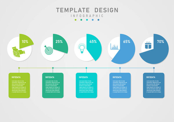 infographic template white circles with top icons and circles Divided into multi-colored sections with percentage numbers above. Below are multi-colored square frames with letters. 