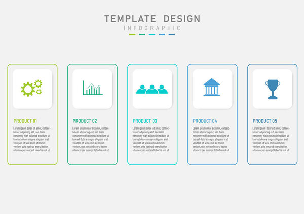 Business infographic template simple step 5 product options top white square with multi colored icons bottom center with lettering Outer multicolored square frame gray gradient background