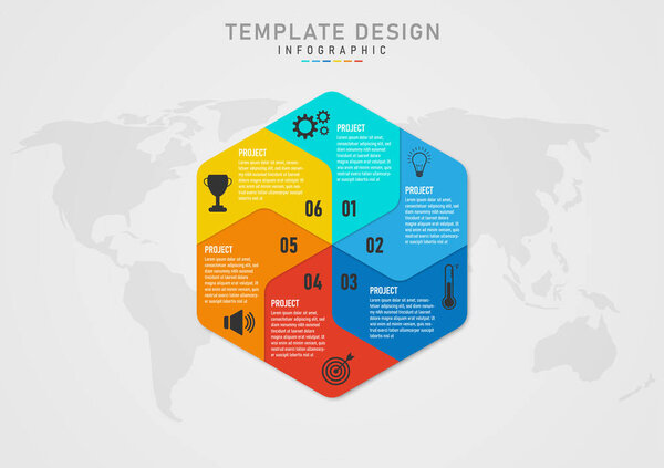 infographic template 5 business projects hexagon divided into several sections of different colors numbers, letters and icons above Below is a map. gray gradient background
