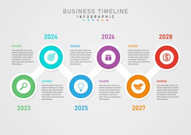 6 yıllık zaman çizgisi şablonu çok renkli daireler içeriyor. Ortadaki simge küçük beyaz bir daire, üstteki ve alttaki harfler ve sayılar gri eğimli arkaplanda..