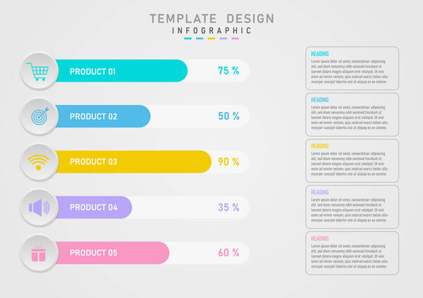 Инфографический шаблон Белый горизонтальный столбец график в правом нижнем углу Есть процентные числа на верхнем графике во многих цветах и буквах. Лево-серая кнопка В середине есть разноцветная иконка.