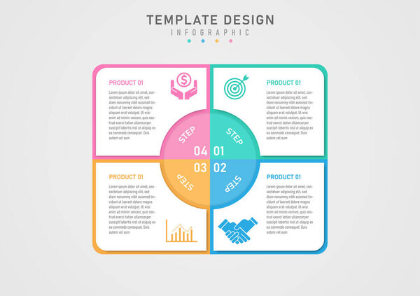 infographic template 4 business steps multi colored squares Letters and icons above on white background, circle in the center, white numbers and letters above. gray gradient background
