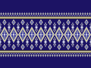 Çiçeklerle bağlanmış geometrik kumaş deseni, güzel ve eşsiz, etnik. Elbise, fayans, giysi, tekstil, yastık kılıfı, bez çanta için tasarlanmış mavi bir arka planda nakış..