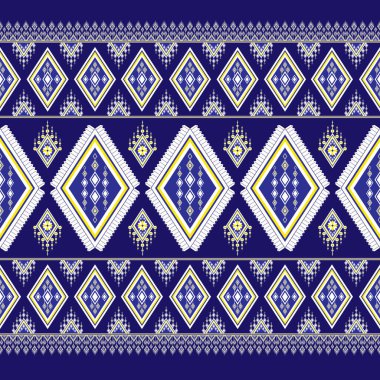 Soyut dijital kumaş desenleri güzel geometrik şekiller, elbise, tekstil, yastık kılıfı, halı, ipek, atkı, dekoratif için tasarlanmış mavi bir zemin üzerinde geleneksel çiçek tarzında etnik motivasyon şekilleri oluşturur.