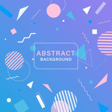 Geometrik şekilli soyut arkaplan, daireler, kareler, üçgenler, çok renkli çizgiler ve eğriler. Ortada bir çerçeve ve harfler var. Kitap kapakları, posterler, dekorasyonlar için tasarım.