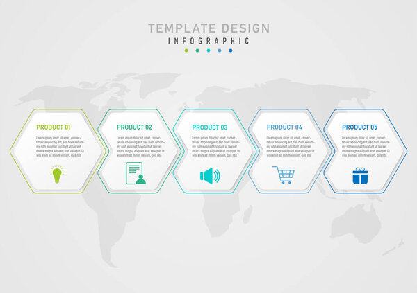 infographic template with 5 product options White hexagonal letters with colored bottom icons and multicolored outlines. World map under gray gradient background designed for business, marketing 