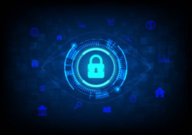 Soyut Teknoloji Arka plan Güvenlik Sistemi Büyük verileri taramak için gözleri tarıyor ve internet merkezde parlak anahtar simgeleri mavi gradyan arkaplana dağılmış teknoloji çemberlerine sahip..