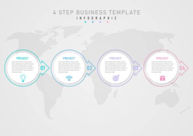 Infographic 4 iş projeleri Basit şablon, ortasında simge olan beyaz daire harfi, dışında çok renkli çember çerçeve. Ucunda ok ucu var. Aşağıdaki haritanın gri bir gradyan arka planı var.