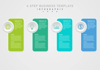 Bilgi şablonu 4 proje seçenekleri çok renkli kareler merkezinde metin olan beyaz kenarlık Sol dairesel düğme gri gradyan arkaplan üzerinde çok renkli simgelere sahiptir.