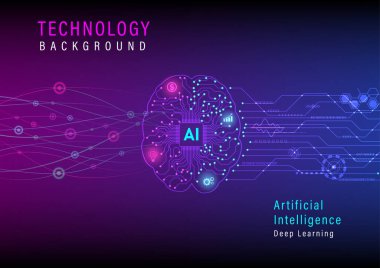 Soyut arka plan teknolojisi fütüristik yapay zeka beyin makinesi öğrenimi elektronik devreleri, parlak ikonları, mor ve mavi gradyan arkaplanı olan bir mikroişlemciye sahiptir..