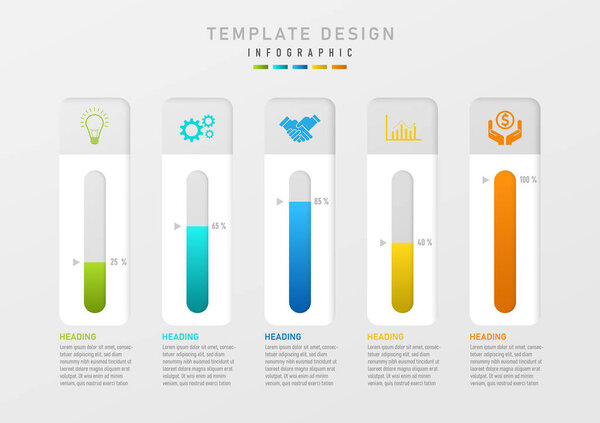 infographic template The white square has The multi-colored gradient level in the middle of the top right percentage number has a multi-colored icon. Text text below gray gradient background
