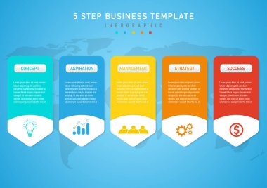Infographic şablon 5 adım iş planlama çok renkli akut açılı kareler ortada beyaz metin Üst düğmede harfler var. Beyaz arkaplandaki en alt simge mavi gradyan arkaplan
