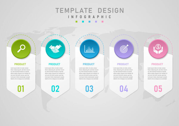 Infographic 5 product options simple template The white square in the center has text and the bottom has numbers. The multi-colored circle above has a white icon in the center of the map below.
