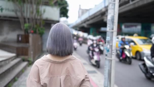 Kvinna Väntar Taxi Huvudgata Taipei Taiwan Medan Hon Kör Smartphone — Stockvideo
