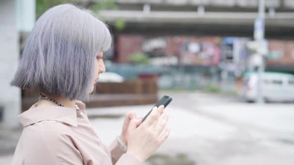 女性は スマートフォンを操作しながら 台湾の台北のメインストリートでタクシーを待っています — ストック動画