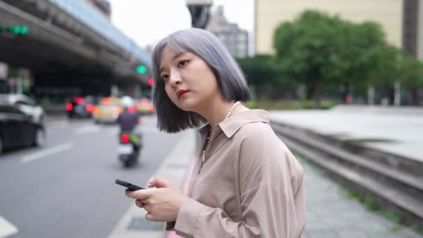 Eine Frau Wartet Auf Einem Taxi Einer Hauptstraße Taipeh Taiwan — Stockvideo