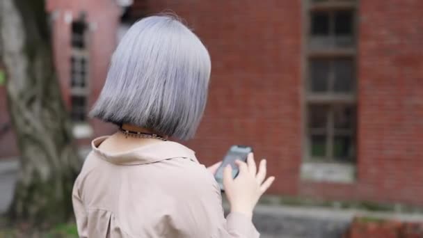 Een Jonge Taiwanese Vrouw Met Een Smartphone Een Artistiek Gebouw — Stockvideo