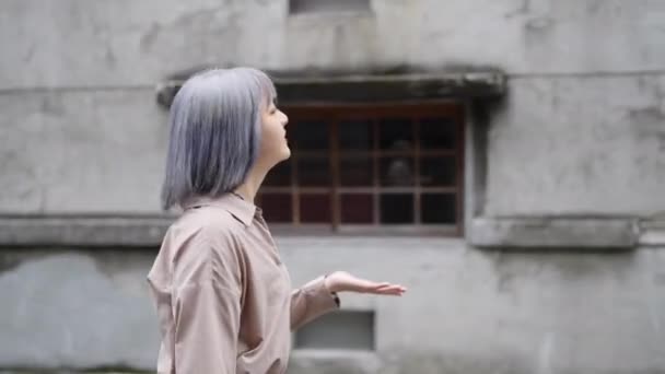 台湾の若い女性は台北のハシャン1914文化クリエイティブパークで芸術的な建物に歩いています — ストック動画