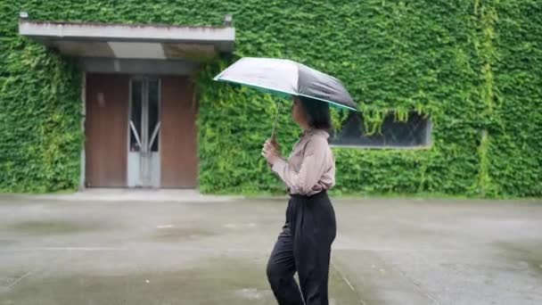 台湾华山1914年文化创意公园 一位年轻的台湾女子 头戴雨伞 脸上挂着各种各样的表情 — 图库视频影像