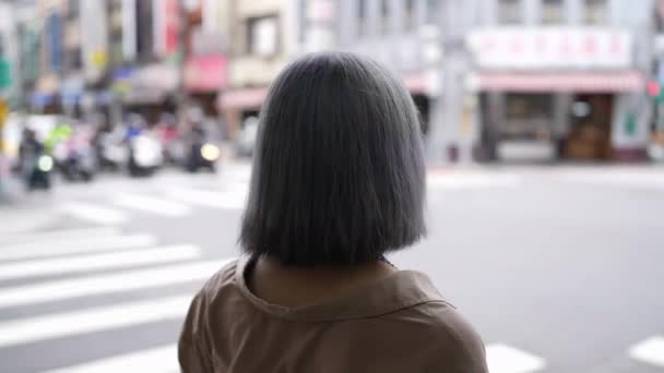 Молода Тайванка Стоїть Перетині Вулиці Дихуа Традиційного Району Тайбею — стокове відео
