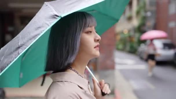 Μια Νεαρή Γυναίκα Από Την Ταϊβάν Περπατάει Ομπρέλα Στην Οδό — Αρχείο Βίντεο